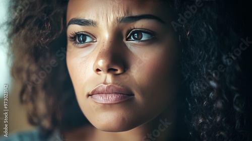 Close-up portrait of a woman with a thoughtful expression, dealing with health issues, soft lighting, blurred background