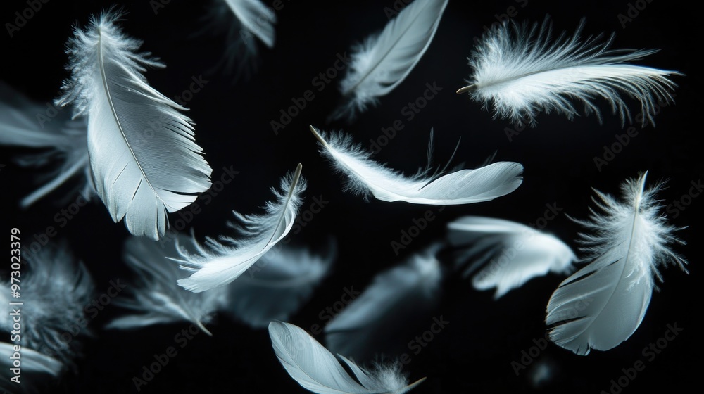 Soft, elegant white feathers gently floating against a dark black background, creating a striking and delicate contrast Soft, elegant white feathers gently floating against a dark black background, creating a striking and delicate contrast