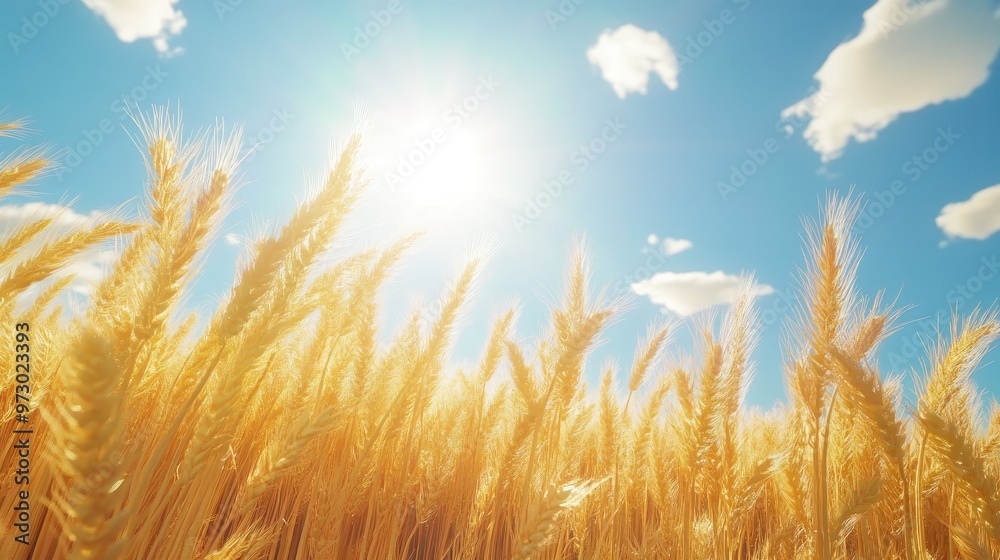 A close-up of golden wheat gently swaying in the breeze, with the sun shining brightly overhead and blue skies in the background. A close-up of golden wheat gently swaying in the breeze, with the sun shining brightly overhead and blue skies in the background.
