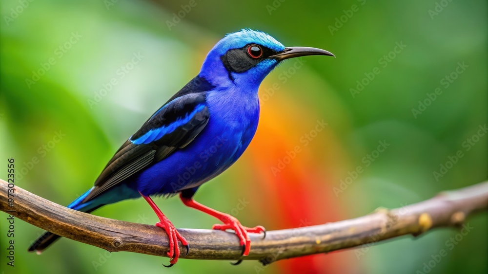 Vibrant red-legged honeycreeper in Costa Rica with blue body and black wings, red-legged, honeycreeper, Costa Rica, vibrant, blue