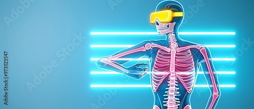 A futuristic skeleton wearing virtual reality goggles, showcasing a blend of technology and anatomy against a neon backdrop.