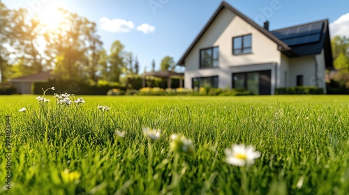 Wallpaper Mural A picturesque view of a modern house surrounded by a lush green lawn, perfect for showing serene outdoor living. Torontodigital.ca