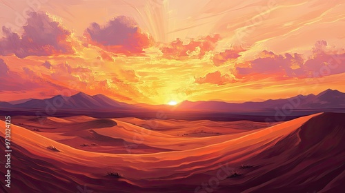 A desert sunset, with the orange and pink sky illuminating the summer sand dunes, creating a surreal and peaceful scene.