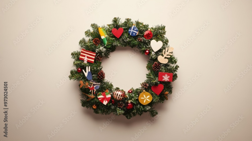 Inclusive Christmas wreath with flags and symbols representing unity and diversity, promoting a message of togetherness on a neutral background. Christmas, New Year Inclusive Christmas wreath with flags and symbols representing unity and diversity, promoting a message of togetherness on a neutral background. Christmas, New Year