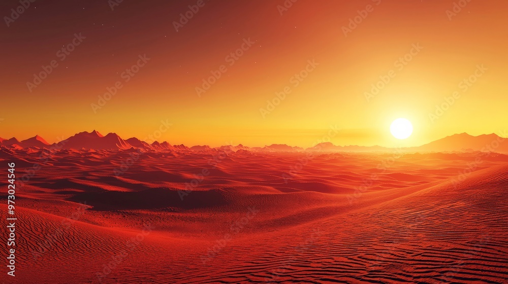A vast red desert with towering dunes under a blazing sun, the sky turning a deep orange as the day ends A vast red desert with towering dunes under a blazing sun, the sky turning a deep orange as the day ends