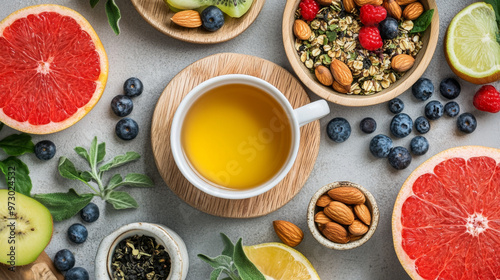 Wallpaper Mural A healthy breakfast spread with fruits, nuts, and herbal tea, showcasing a balanced approach to wellness Torontodigital.ca