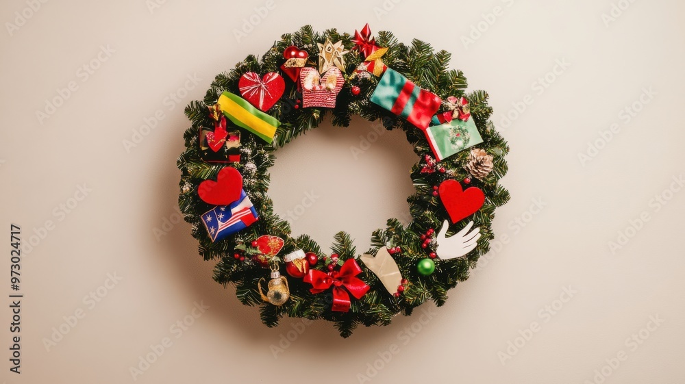 Christmas wreath celebrating inclusivity with cultural flags and unity symbols, hanging on a neutral background for a message of holiday togetherness. Christmas, New Year Christmas wreath celebrating inclusivity with cultural flags and unity symbols, hanging on a neutral background for a message of holiday togetherness. Christmas, New Year