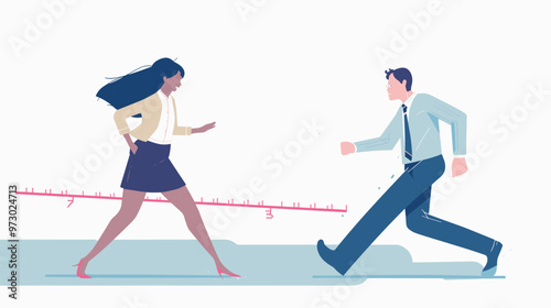 Ambitious female employee running along ruler held by boss, measuring career success, distance to achievement, career ladder concept