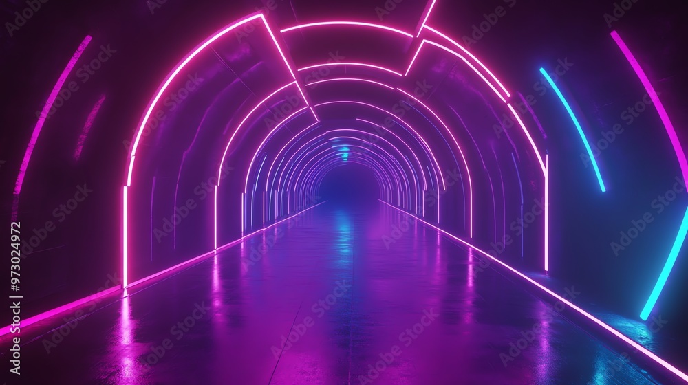 A futuristic tunnel with glowing neon lights in pink and blue. A futuristic tunnel with glowing neon lights in pink and blue.