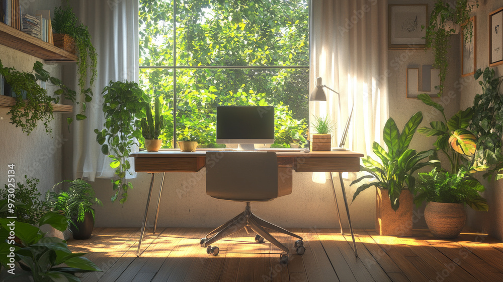 Fototapeta premium A home office setup with plants and natural light, promoting a peaceful work-life harmony environment