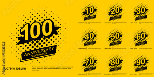 Set of 10-100 years anniversary celebration emblem. black logo isolated with ribbon on yellow background. vector illustration template design for web, flyers, poster, greeting card and invitation card