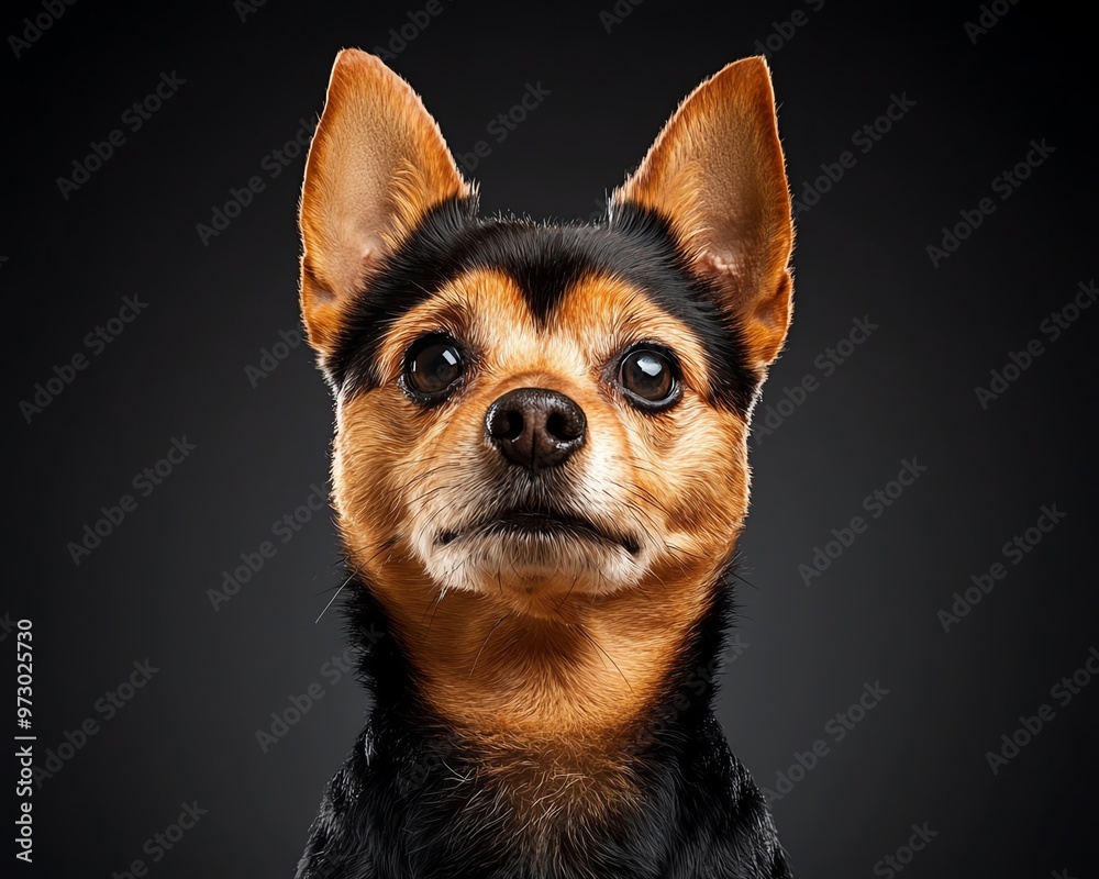 A close-up portrait of a confident and alert dog with expressive eyes against a dark background. A close-up portrait of a confident and alert dog with expressive eyes against a dark background.
