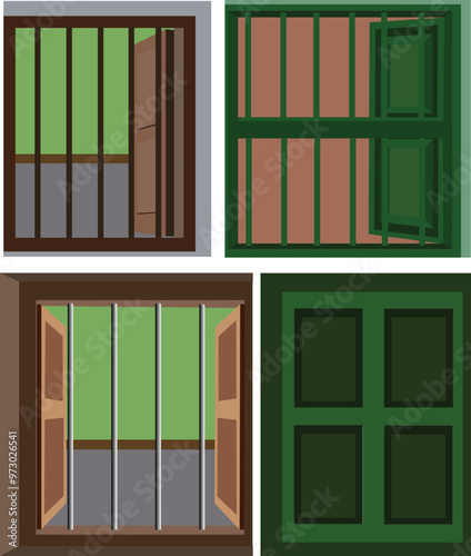 Collection of woodend windows. Open and closed windows set for cartoon animation. photo