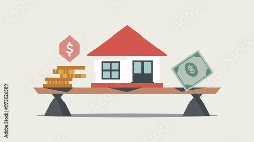 Balanced Seesaw with House and Money, Depicting Mortgage Payment and Income Management