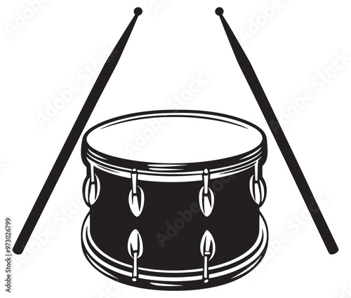 A black and white drawing of a drum icon drum and drumsticks