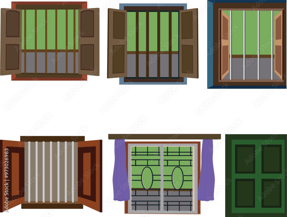 windows set open and made of wood. Indian style open wooden door isolated on white background. 2d flat window design windows set open and made of wood. Indian style open wooden door isolated on white background. 2d flat window design