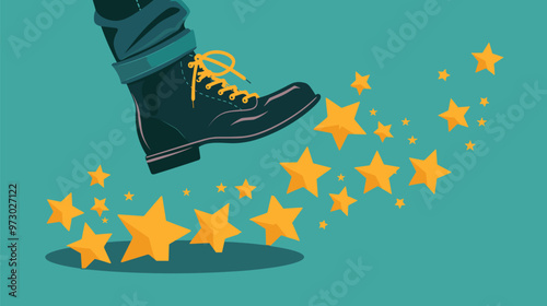 Big boot kicking down star ratings, negative reviews, unhappy clients, customer feedback, concept banner of falling stars, bad ranking impact