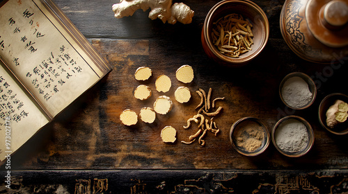 ancient-style setting with a Chinese herbal medicine recipe laid out, featuring ingredients like dried ginger