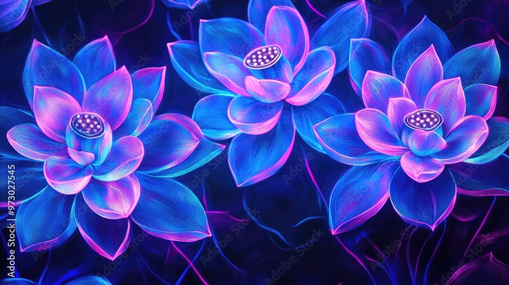 Electric blue, purple, and pink neon lotus flowers with glowing petals and swirling stems, creating a mesmerizing abstract composition Electric blue, purple, and pink neon lotus flowers with glowing petals and swirling stems, creating a mesmerizing abstract composition