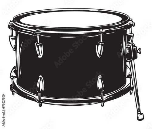 A black and white drawing of a drum icon drum and drumsticks