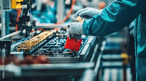 Worker in a Factory Setting Placing a Red Part on an Assembly Line