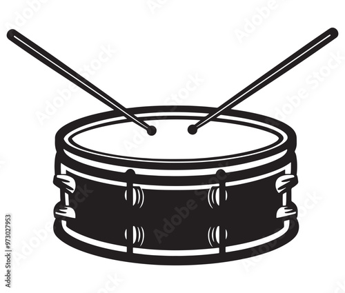 A black and white drawing of a drum icon drum and drumsticks