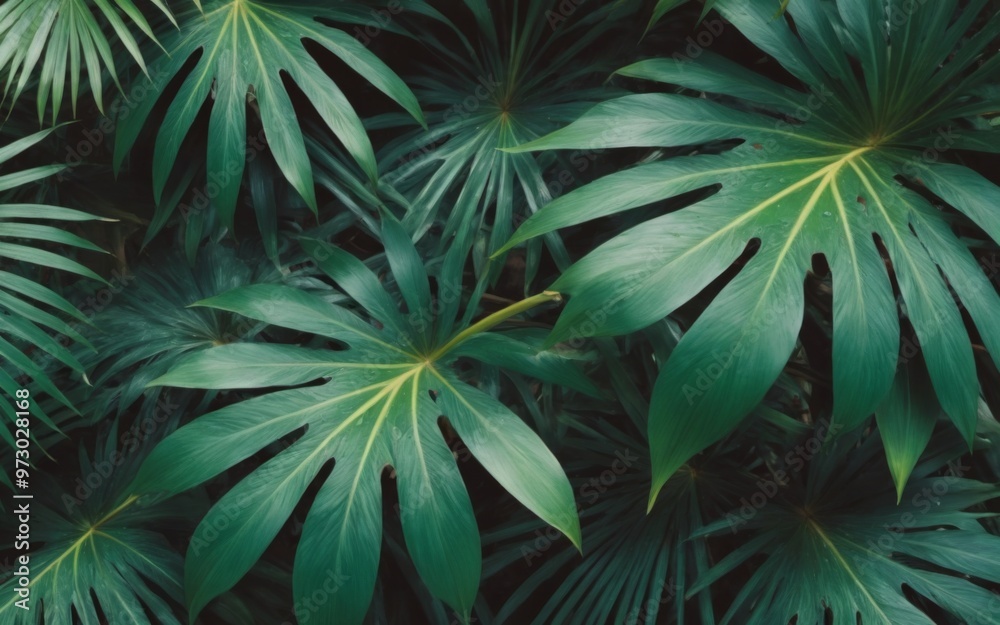 Fototapeta premium Lush Tropical Close-up of Green Leaves with Glossy Texture on a