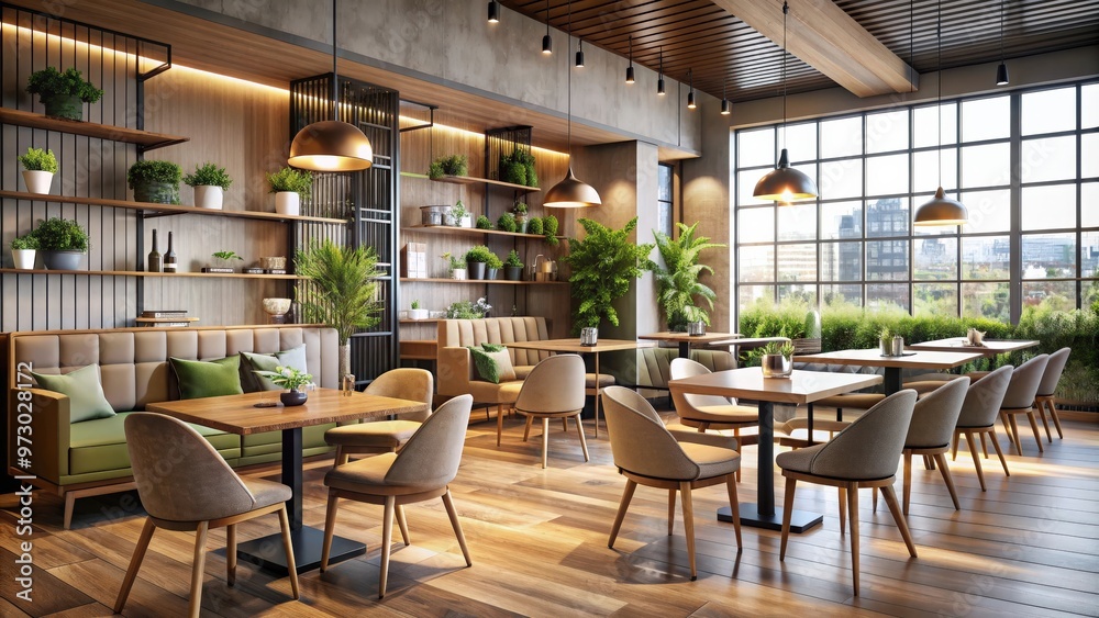 Obraz premium Modern cafe restaurant interior design with trendy decor and furniture, cafe, restaurant, interior, render, design, modern, trendy