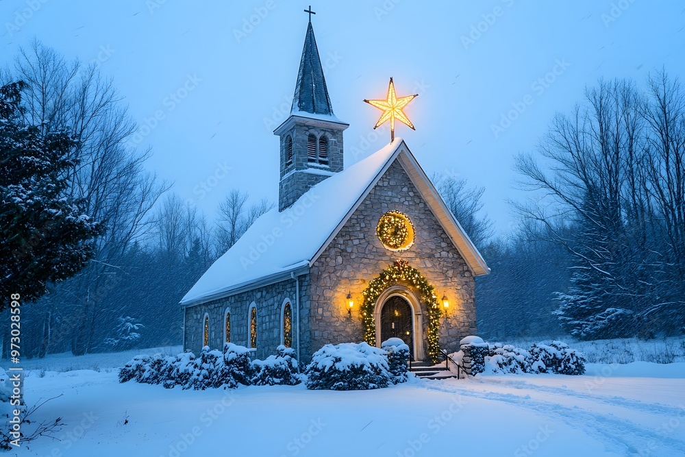 A snow-covered church with a golden star on top and christmas lights, a peaceful winter scene. A snow-covered church with a golden star on top and christmas lights, a peaceful winter scene.