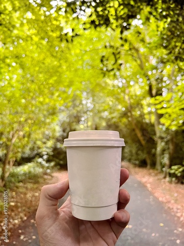Close-up of male hand holding coffee to take away at early morning in park, flare light