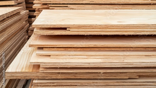 Industrial setting with large piles of raw plywood ready for processing, natural wood materials plywood industry, raw materials