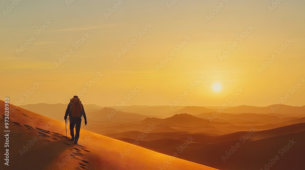 A hiker's silhouette against the vast expanse of a summer desert, with the sun low on the horizon and golden dunes stretching out before them.