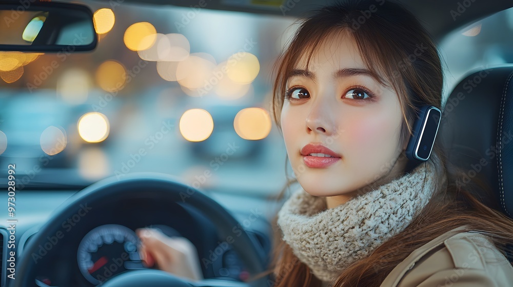 Women using hands-free phone while driving. Women using hands-free phone while driving.