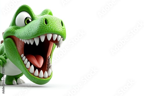 A cheerful green dinosaur character with a wide, toothy grin, perfect for children's themes and playful designs.
