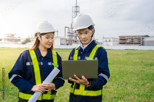  Asian male and female engineers Planning work