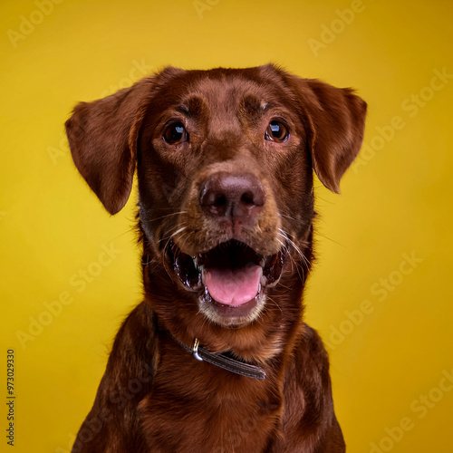 funny behavior of brown dog isolated on light yellow background