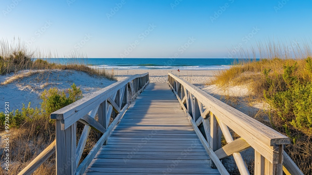 A long boardwalk leading down to the beach, with sand dunes on either side and the sea visible in the distance. A long boardwalk leading down to the beach, with sand dunes on either side and the sea visible in the distance.