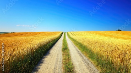 A long country road lined by bright wheat fields, stretching toward the horizon under a clear, sunny sky.