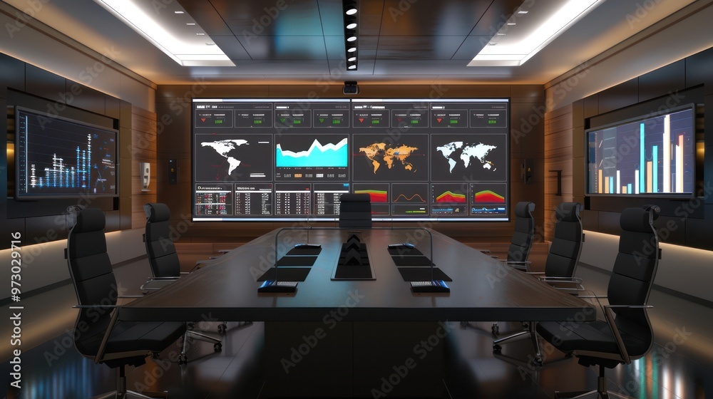Modern Conference Room with Data Visualization Modern Conference Room with Data Visualization