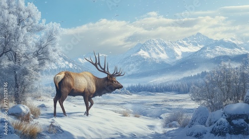 A majestic elk walking through a snowy valley, with mountains in the distance under a cold, clear winter sky. photo