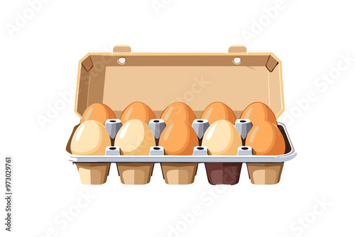 An open egg box containing ten brown eggs