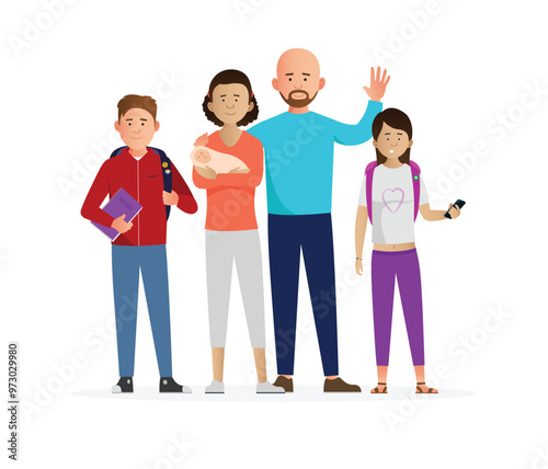 Simple flat family set of vector characters on a white background. Diverse ages and genders.