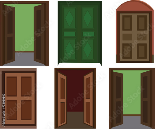 Detailed front doors flat vector icons set.Hand drawn vector illustrations - old vintage doors.Doors vector vintage doorway front entrance lift entry or elevator indoor house interior illustration set