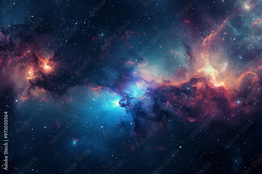 Obraz premium A stunning cosmic nebula glows with vibrant colors and star formations, creating a mesmerizing view of the universe filled with mystery and wonder.