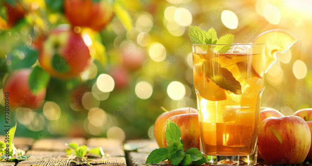 A glass of refreshing apple iced tea with mint leaves on a sunny day, surrounded by fresh apples on a wooden table.