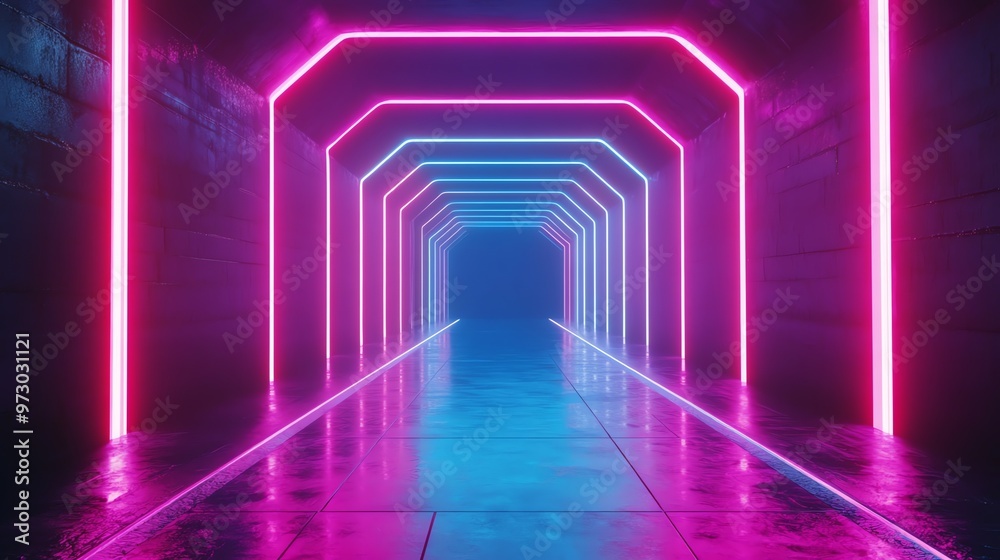 A futuristic tunnel with glowing neon lights in pink and blue.