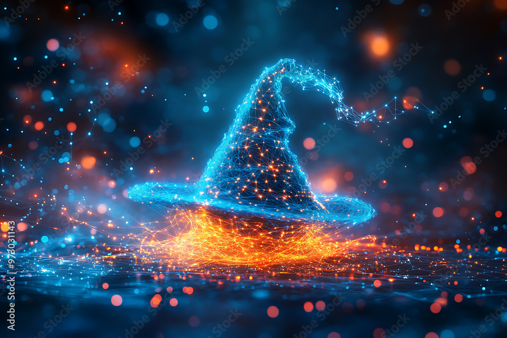 A mystical witch's hat floating in an abstract digital background, symbolizing magic, mystery, and enchantment. A mystical witch's hat floating in an abstract digital background, symbolizing magic, mystery, and enchantment.