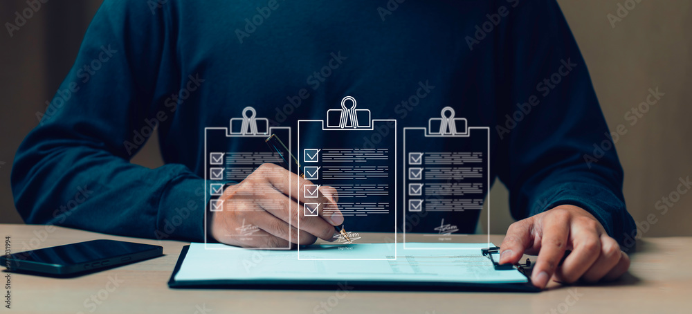 Approve document for business process workflow illustrating management approval and and project approve concept. quality assurance, investment contracts. Checking mark up on check boxes