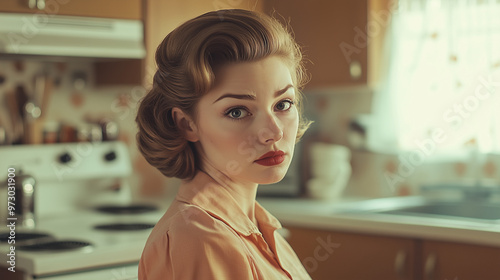 A retro vintage style housewife or tradwife looks to camera, cinematic lighting, vintage kitchen setting. She appears vacant or sad. Wide landscape format 16:9 with copy space photo