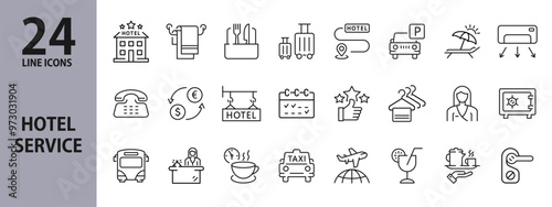 Hotel Service line icons set with Room, Reception, Airport, Taxi, Safe, Conditioner and more. Editable Stroke